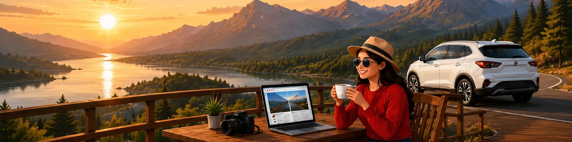 Woman working on a laptop with a scenic mountain road and Bharat Car rental vehicle at sunset