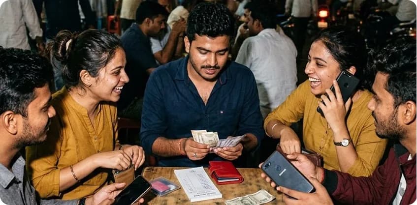 Friends splitting the bill at a casual outdoor eatery during a budget challenge day