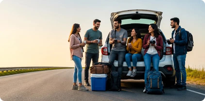 Friends gathered around an open SUV trunk on a highway during a spontaneous road trip