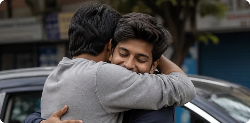 Two friends sharing a warm hug after showing up for each other