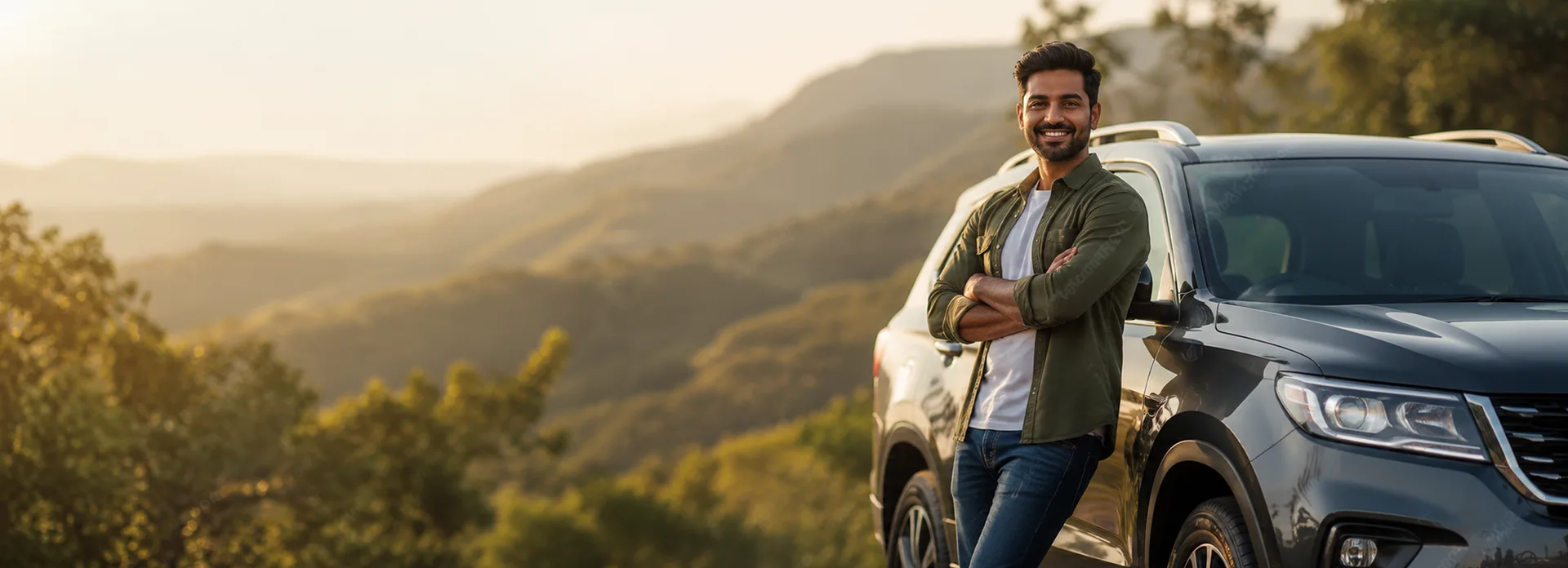 Host leaning on car in scenic landscape
