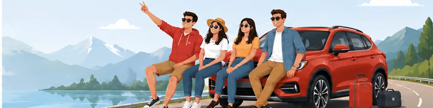 Friends on a self drive road trip with Bharat Self Drive — car and mountain scenery