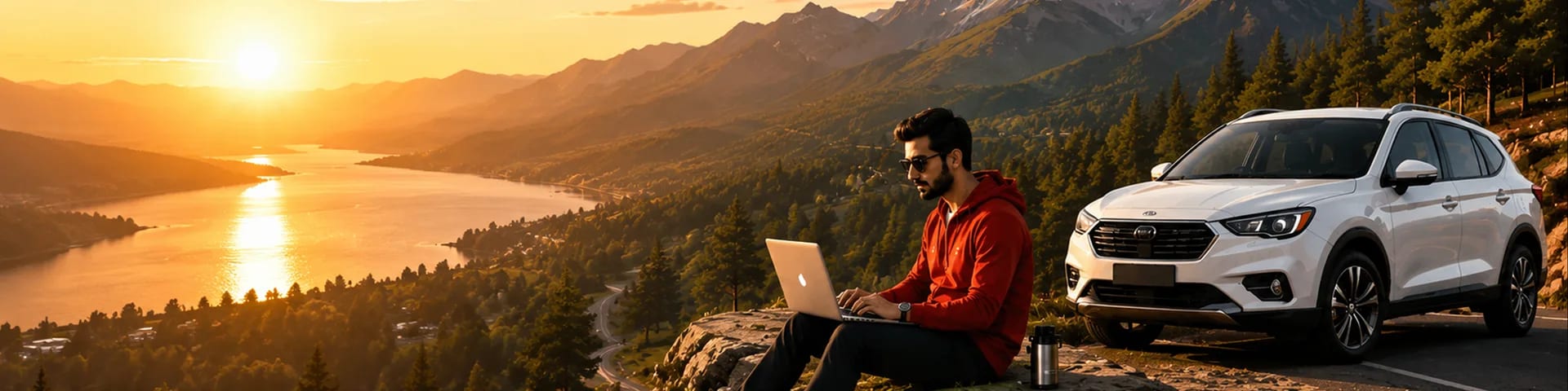 Man working on a laptop beside a car overlooking mountains at sunset — Bharat Car blog