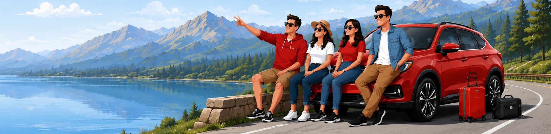 Friends on a self-drive road trip with a red SUV by a mountain lake — Bharat Self Drive
