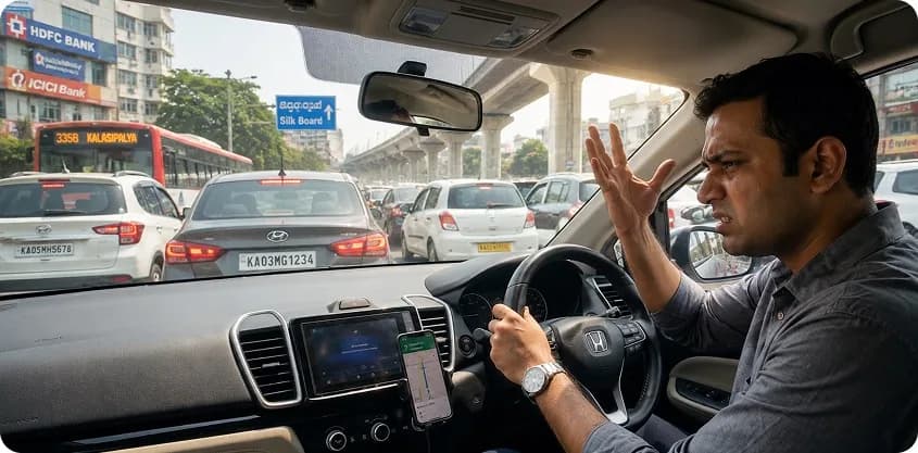 Frustrated driver stuck in heavy Bangalore traffic near Silk Board