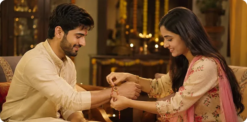 Sister tying a rakhi on her brother's wrist during Raksha Bandhan